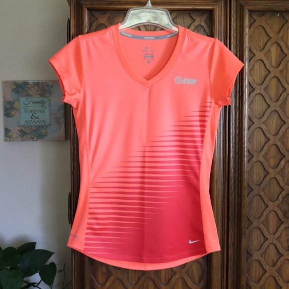 3/$15 NIKE DRI-FIT Neon Orange Short Sleeve V-Neck Tee - Picture 2 of 16